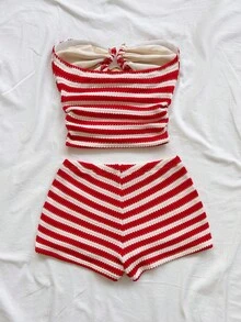 Soleia Bộ đồ thể thao nữ năng động màu đen trắng kẻ sọc, áo croptop ống có khóa kim loại trang trí và quần short siêu ngắn, thích hợp cho hẹn hò, tiệc tùng, kỳ nghỉ biển. - Nhiều màu - Xem 2