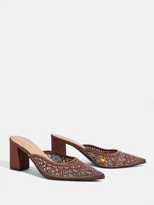 CUCCOO TILAWA Women's Fashionable Party Rhinestone Chunky Heel Pumps - Brown - View 3