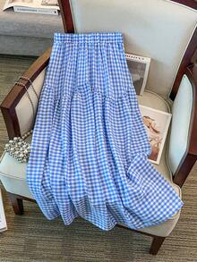 GlowEve Elegant Casual Daily Blue & White Plaid Loose A-Line Skirt For Women - Blue - View 2
