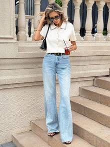 SHEIN PariChic Women's Vacation Short Sleeve Single-Breasted Casual Knit Cardigan - Apricot - View 3