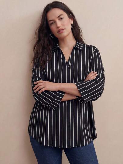 Juhart Plus Size Striped Printed Turn-Down Collar Business Style Shirt