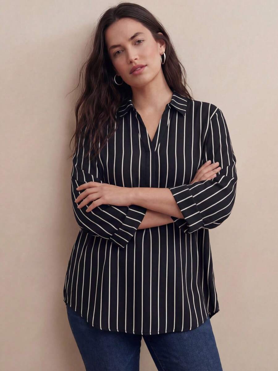 SHEIN LUNE CURVE Plus Size Striped Printed Turn-Down Collar Business Style Shirt Fall - Black and White - View 1