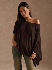 SHEIN BAE Áo kiểu bất đối xứng bóng bẩy thời trang dành cho nữ mùa hè - Cà phê nâu - Xem 6