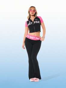 BABYPHAT Áo thun nữ dáng ngắn có mũ, khóa kéo, chất liệu jersey, in khẩu hiệu, phối màu, tay raglan, phong cách Y2K. - Nhiều màu - Xem 3