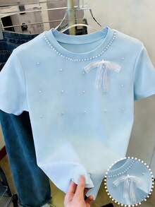 Resyla 女士粉色蝴蝶结珍珠装饰甜美Y2K短袖T恤，适合约会、日常穿着、通勤，百搭时尚休闲 - 淺藍色 - 查看 1