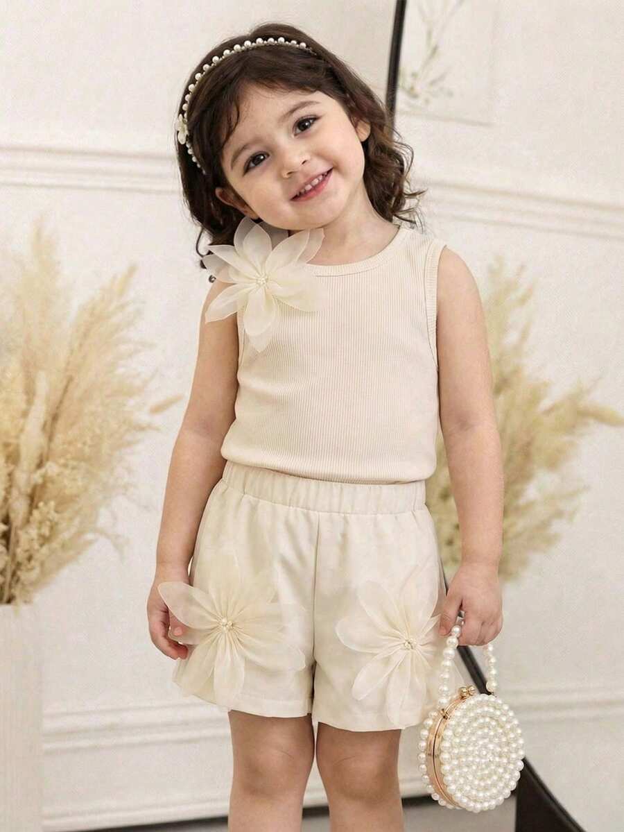 SHEIN Baby Girl Summer Ladylike Applique Vest And Shorts Set - Beige - View 1