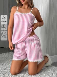 SHEIN Contrast Lace Trim Striped Cami & Shorts PJ Set - Sweet Summer Sleepwear - Pink - View 1