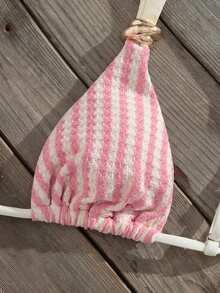 Swim Vcay Bộ bikini dây mảnh bản rộng, chất liệu jacquard kẻ sọc phối màu, phụ kiện kim loại, thích hợp cho mùa xuân/hè dành cho nữ - Phong cách giản dị dễ thương. - Nhiều màu - Xem 3