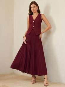 BELROSIE New Arrival Intellectual Elegant Commuter Style Thin Tweed Vest Top & Pleated Skirt 2-Piece Set For Women - Burgundy - View 5
