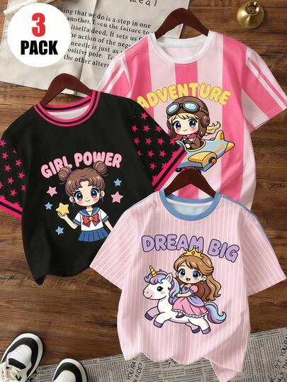 少女休闲圆领卡通字母印花短袖T恤，百搭日常穿着