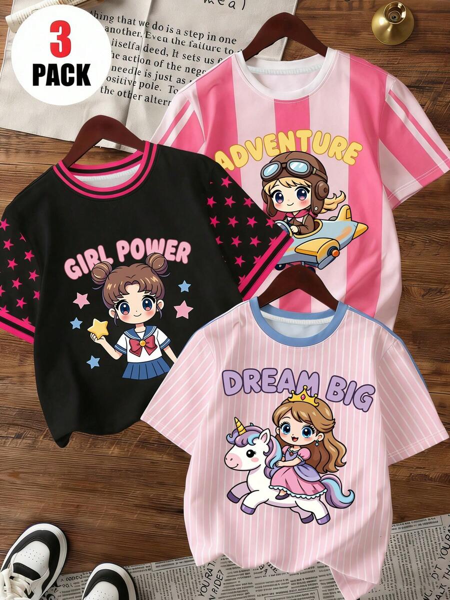 少女休闲圆领卡通字母印花短袖T恤，百搭日常穿着 - 彩色 - 查看 1