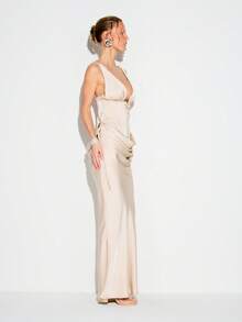 KIZN 女士优雅缎面斜裁垂褶长裙，配系带束腰设计，适合晚宴、婚礼宾客等特殊场合 - 杏色 - 查看 5