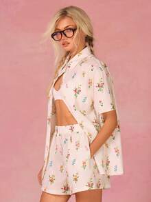 Athîral 女士纯棉印花纽扣短袖上衣和短裤两件套休闲套装，女士度假套装，女士沙滩罩衫，夏季女士衬衫和短裤 - 彩色 - 查看 3