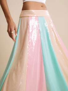 LOTSLUV Women's Spring/Summer Pink, Green And Khaki Sequin Fabric Patchwork Skirt - Multicolor - View 8