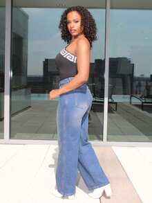 Steph T 斜口袋直筒牛仔裤 阔腿牛仔裤 宽松牛仔裤 - 霧霾藍 - 查看 3