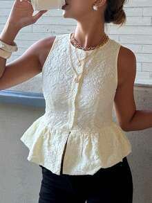 Siren Gaze 春季新款提花吊带背心，收腰荷叶边设计，可爱女式衬衫 - 杏色 - 查看 5