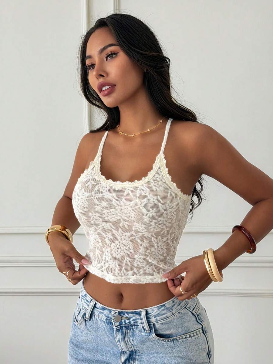 Slaydiva Áo hai dây ren gợi cảm, dễ thương và đa năng, dáng ôm, màu trắng, thích hợp cho mùa hè. - trắng - Xem 1