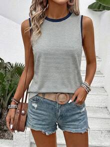 SHEIN Holidaya Women's Casual Round Neck Sleeveless Contrast Collar & Cuff Striped Print Pattern Tank Top - Multicolor - View 3