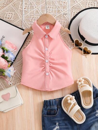 SHEIN ملابس علوية أبيض قصير بدون أكمام للفتيات الصغيرات، متعدد الاستخدامات للخروجات اليومية والحفلات والارتداء اليومي