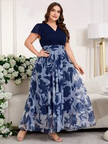 Reflora 大码女士优雅印花连衣裙，夏季婚礼宾客礼服 - 藏蓝色 - 查看 7