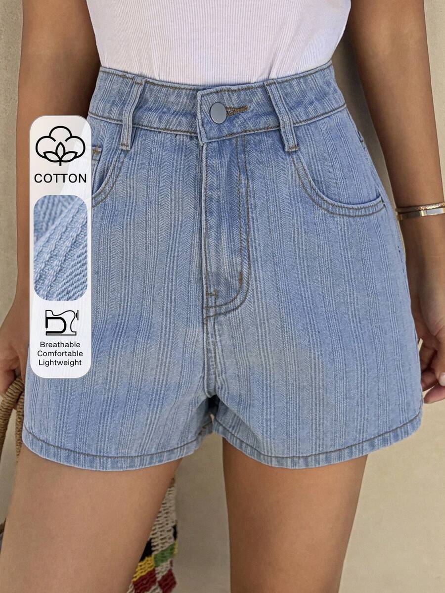 Livesso Damen Strukturierte Lässig Urlaubs Baumwoll Denim-Shorts, Blaue Jorts für den Sommer - Blau - Übersicht 1