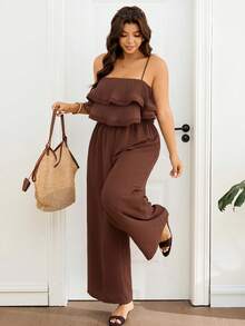 Lounesse 大码女式吊带荷叶边褶皱连体裤，休闲大码棕色连体裤，女士夏季套装，女士度假套装，女士夏季服装，度假服装，女士连体裤 - 咖啡棕 - 查看 4