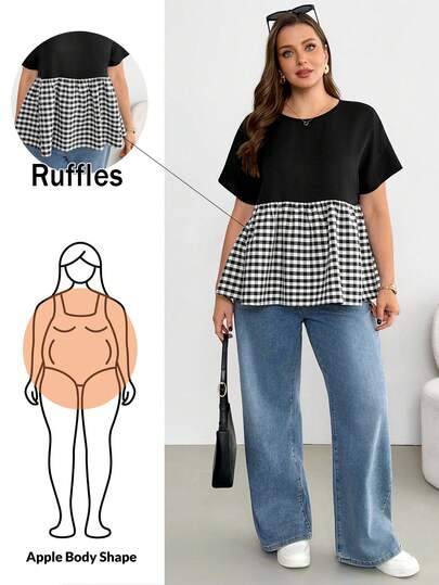 Shapeblank Plus-Size Women's Spring/Summer Fashion Casual Loose Comfortable Everyday Basic Versatile Slimming Plaid Patchwork Black 2 In 1 Short-Sleeved Blouse,Women Blouse,Summer,Going Out Tops Gingham Top Checkered Top Black And White Top Patchwork Top Modest Top Spring/Summer Elegant Top