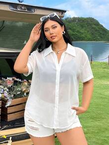 SHEIN EZwear Áo kiểu nữ cỡ lớn mùa hè, thường ngày, đi nghỉ mát, đơn giản, màu trơn, hơi xuyên thấu, dáng rộng. - trắng - Xem 4