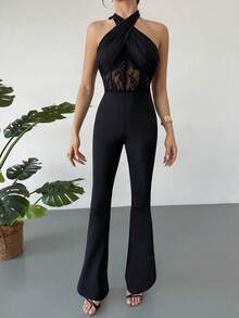 RiviMae 女士时尚优雅性感露背交叉蕾丝拼接连体裤 - 黑色 - 查看 6