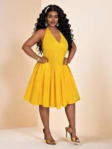 Slaydiva 春夏新品音乐节、复活节、圣帕特里克节、西部风、游牧风、生日派对、毕业典礼、学院风、学生装、日常休闲、百搭基础款、休闲、邮轮旅行、海滩、日光浴、爆款、街头风、婚礼宾客波西米亚风、通勤、早午餐、极简基础款、Y2K街头风、畅销单品、休闲约会、机场穿搭露背吊带褶皱A字宽松娃娃长裙大码 - 黄色大码黄色连衣裙 - 黃色 - 查看 4