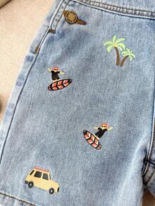 SHEIN 男童汽车和棕榈树卡通印花蓝色牛仔背带短裤 - 淺色水洗藍 - 查看 6