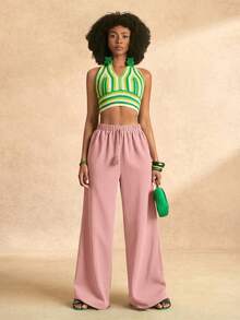 女士全长几何图案绿色休闲度假阔腿裤，女士工作裤，裹身裤，女士长裤，夏季女士办公室工作服 - 粉色 - 查看 3