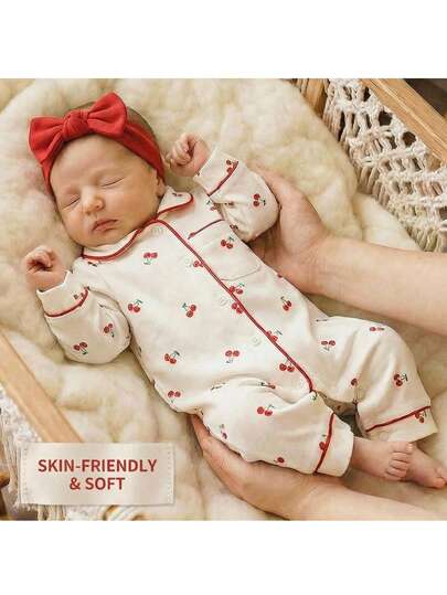 Loomiva Newborn Baby Girl Lapel Long Sleeve Jumpsuit, Versatile & Comfortable Newborn Cherry Outfit Baby Cherry Outfit Newborn Girl Sleeping Clothes Newborn Romper With Bow Natural Baby Clothes Newborn