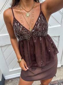 Serisse 女士亮片设计时尚荷叶边吊带背心，夏季法式棕色度假深V亮片吊带背心，飘逸网纱拼接，必备沙滩/派对/假日露脐上衣，夏季上衣，女士节日上衣，派对上衣，女士外出上衣，女士生日礼物，女士沙滩度假装，女士休闲衬衫，亮片上衣，棕色上衣 - 卡其色 - 查看 7