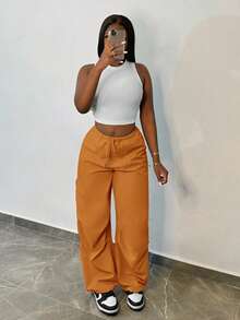 Slaydiva Pantaloni cargo dritti e morbidi in stile punk hippie da donna, con vita con cordoncino, tasche rilassate, pantaloni casual da jogging - Arancione - Visualizzare 3