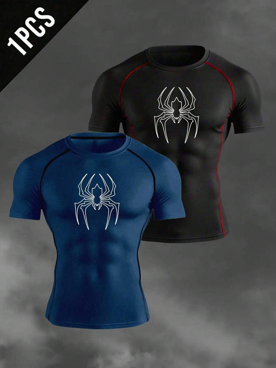 Manfinity EMRG Men's Spider Print Slim Fit Short Sleeve Athletic T-Shirt Spandex Shirts Rash Guard Men Men's Compression Tops Men's Compression Shirts Shirts For Gym - Black - View 1