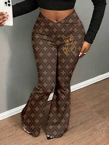 Slaydiva 大码女式花卉卡通熊印花不对称腰部喇叭裤泰迪熊印花裤女裤女式高个长裤女式喇叭裤图案裤 - 彩色 - 查看 5