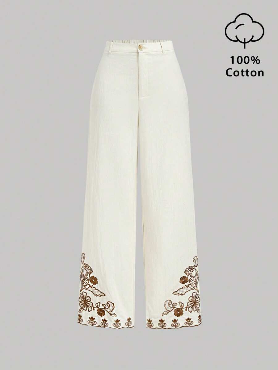 SHEIN MOD 女士米色度假风刺绣宽松阔腿裤 - 杏色 - 查看 1