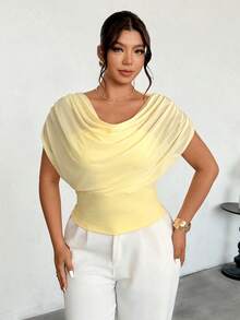 Firerie Women's Elegant Casual Commute Vacation Romantic Date Outfit, Pale Yellow Mesh Ruffle Collar Cap Sleeve Slim Fit T-Shirt, Teacher Outfit, Airport Outfit, Going Out Outfit, Elegant Vacation - Yellow - View 2