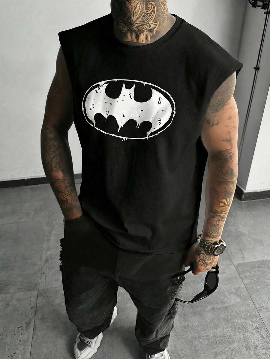 BATMAN X SHEIN 男士蝙蝠印花圆领休闲背心 - 黑色 - 查看 1