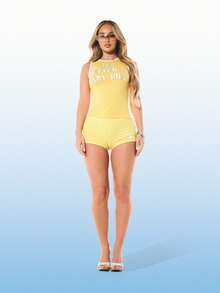 BABYPHAT Jersey Mid Rise Fitted Shorts With Logo Print And White Contrast Trim Summer Casual Bottoms - Yellow - View 5
