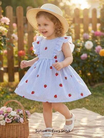 Cozy Pixies Vestido de Cintura com Estampa de Morango de Manga Curta e Gola Redonda para Bebê Menina, Versátil e Confortável