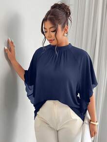 Elenzga Plus Size Women's Round Neck Ruched Sleeve Wavy Hem Loose Blouse, Spring/Summer - Navy Blue - View 3