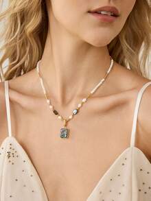 MOTF PREMIUM 欧美时尚淡水珍珠方形项链，鲍鱼贝壳吊坠，锁骨轻奢，小众高端项链，女士珍珠项链。 - 彩色 - 查看 5