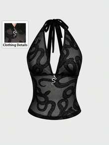 Breakform Áo croptop nữ phong cách Gothic gợi cảm, chất liệu lưới nhung, họa tiết da rắn, hở lưng, cổ chữ V sâu, thắt dây cổ, trang trí kim loại hình da rắn. - màu đen - Xem 1