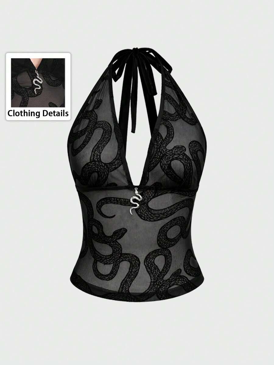 Breakform Áo croptop nữ phong cách Gothic gợi cảm, chất liệu lưới nhung, họa tiết da rắn, hở lưng, cổ chữ V sâu, thắt dây cổ, trang trí kim loại hình da rắn. - màu đen - Xem 1