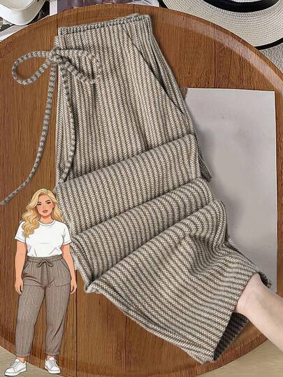 EMERY ROSE Pantalones casuales a rayas con cordón para mujer talla grande