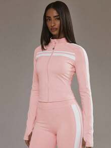 Musera Sport Zip Through Stripe Detail Sculpting BBL Jacket Only Padel Autumn Fall Activewear Sport Gym Workout Yoga Fitness Daily - Baby Pink - View 3