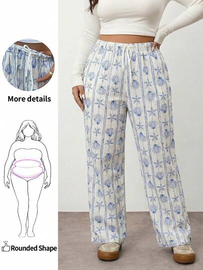 Enliva 大码休闲棉质长裤，系带松紧腰，蓝白海洋印花，适合日常、外出、度假、约会、通勤、返校等场合。