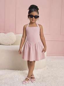 Young Girls Strapless Camisole Dress, Waist Cinched Casual Dress, Versatile For Holiday, Daily Wear, Fashionable & Cute,Kids - Baby Pink - View 1